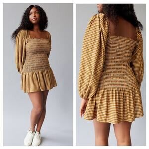 Urban Outfitters Francis Yellow Plaid Mini Dress Small Smocked Puff Long Sleeve